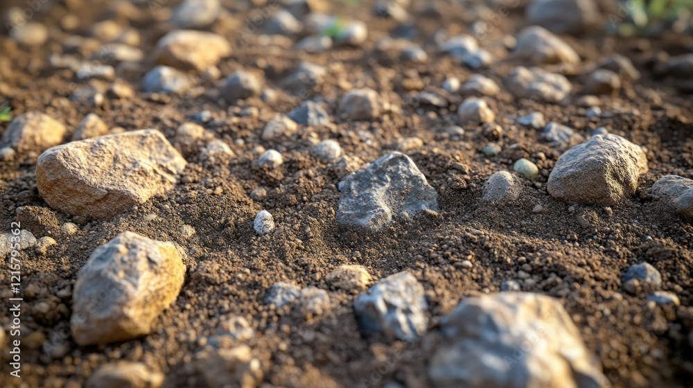 Stony field soil texture, sunlight, plants, agriculture background Stony field soil texture, sunlight, plants, agriculture background