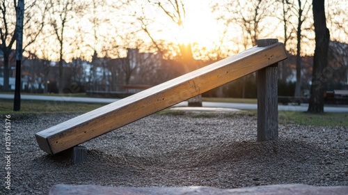 Playground seesaw at sunset in park setting