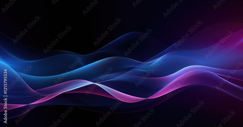 Abstract waves of blue and pink light create a dynamic, flowing visual effect.