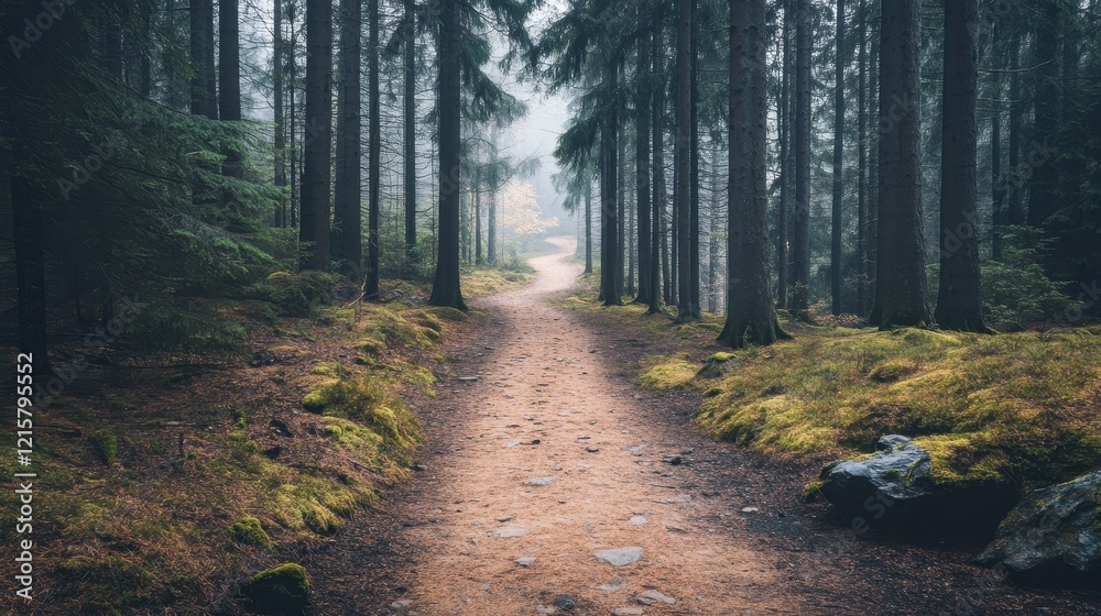 Naklejka premium Misty Forest Path: A Serene Autumnal Walk