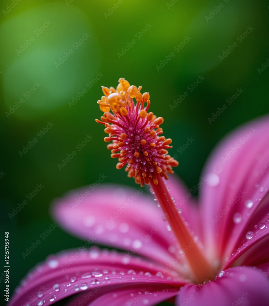 Macro estambres y pistilos de una flor morada y anaranjada con gotas de rocío Macro estambres y pistilos de una flor morada y anaranjada con gotas de rocío