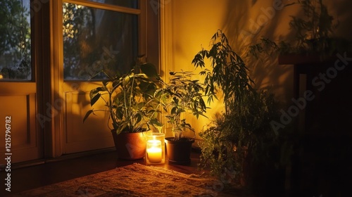 Serene Evening Indoor Plantscape: A Candlelit Sanctuary