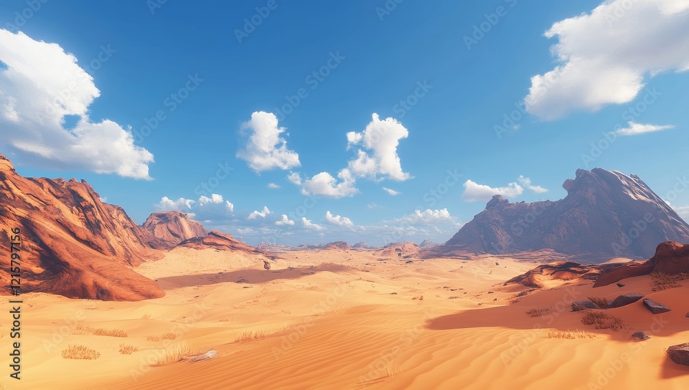 Naklejka premium Sunny desert landscape with sandstone mountains and blue sky.