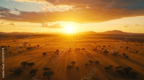 African Savanna Sunset: Golden Hour Aerial View