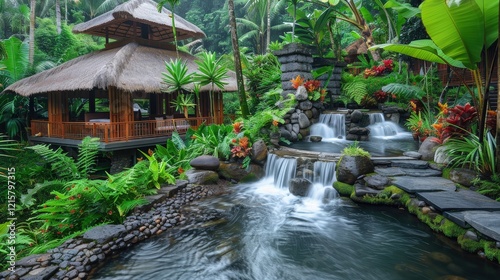 Discover Serenity at a Lush Tropical Spa Retreat Surrounded by Waterfalls and Vibrant Flora photo