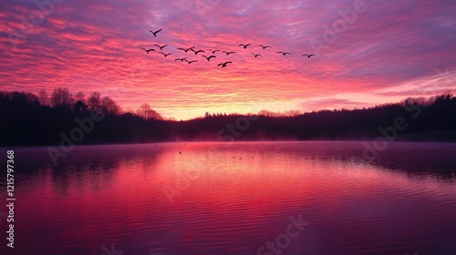 Crimson Sunset Over Serene Lake: Birds in Flight