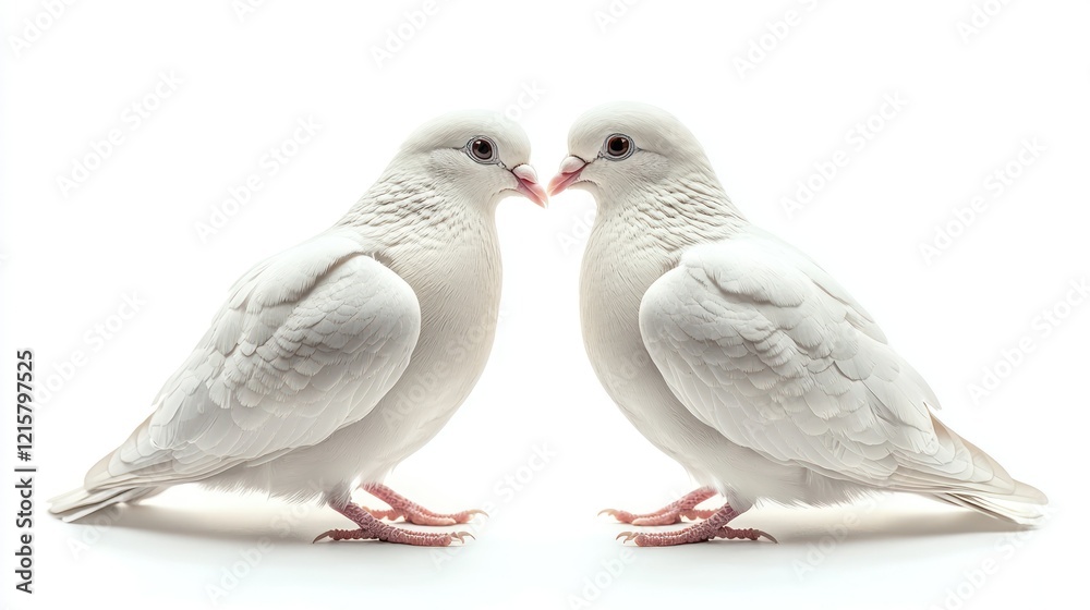 Two white doves facing each other on a clean white background symbolizing love Two white doves facing each other on a clean white background symbolizing love