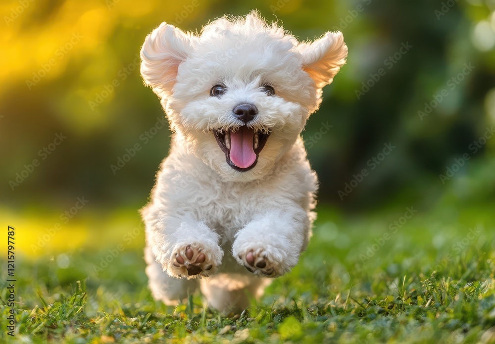 Energetic White Puppy Joyfully Running Through Green Grass with Happy Expression in a Warm Sunlit Outdoor Setting Energetic White Puppy Joyfully Running Through Green Grass with Happy Expression in a Warm Sunlit Outdoor Setting
