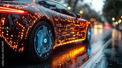 Futuristic Electric Car on Wet City Street at Night