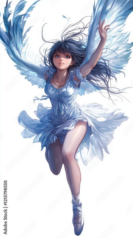 Angelic Woman Soaring Through Air In Blue Dress Angelic Woman Soaring Through Air In Blue Dress