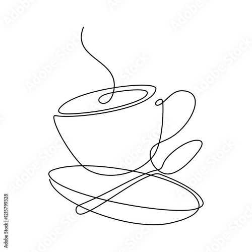 Continuous single line drawing a cup coffee, spoon, and saucer in floating style. Coffee logo. Hot drink icon. 