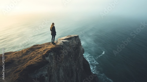 Solitude by the Sea: A Woman Contemplates the Vast Ocean from a Clifftop