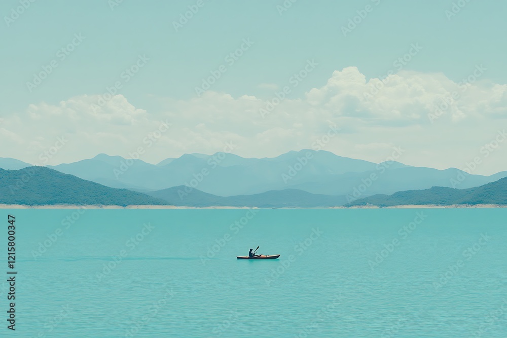 Solitary Kayaker on Serene Teal Lake, Mountain Panorama Solitary Kayaker on Serene Teal Lake, Mountain Panorama
