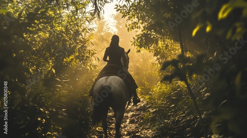 Golden Hour Horseback Ride: A Woman on Horseback Rides Through a Lush Forest Path Bathed in Sunlight