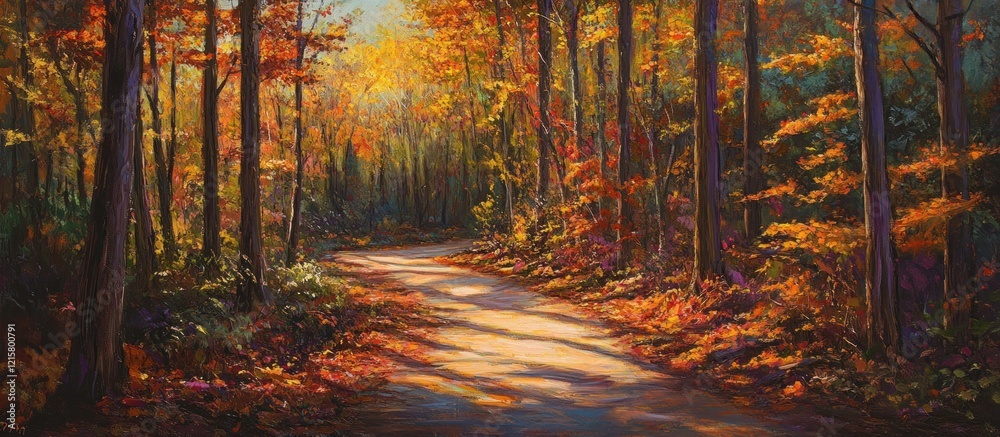 Fototapeta premium A beautiful autumn forest path illuminated by the soft light of the sun filtering through the trees