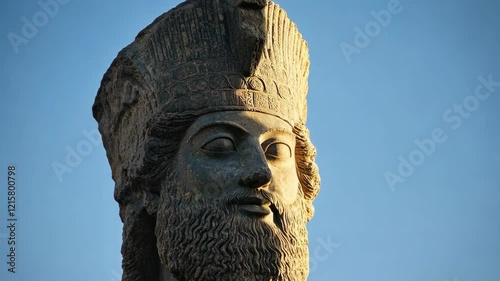 Majestic stone statue of a royal figure set against a clear blue sky in a historical location