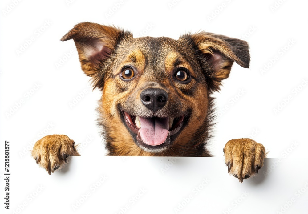 Happy Mixed Breed Dog with Bright Eyes Stretching Over a White Surface, Showcasing Its Playful Nature and Friendly Expression in a Studio Setting Happy Mixed Breed Dog with Bright Eyes Stretching Over a White Surface, Showcasing Its Playful Nature and Friendly Expression in a Studio Setting