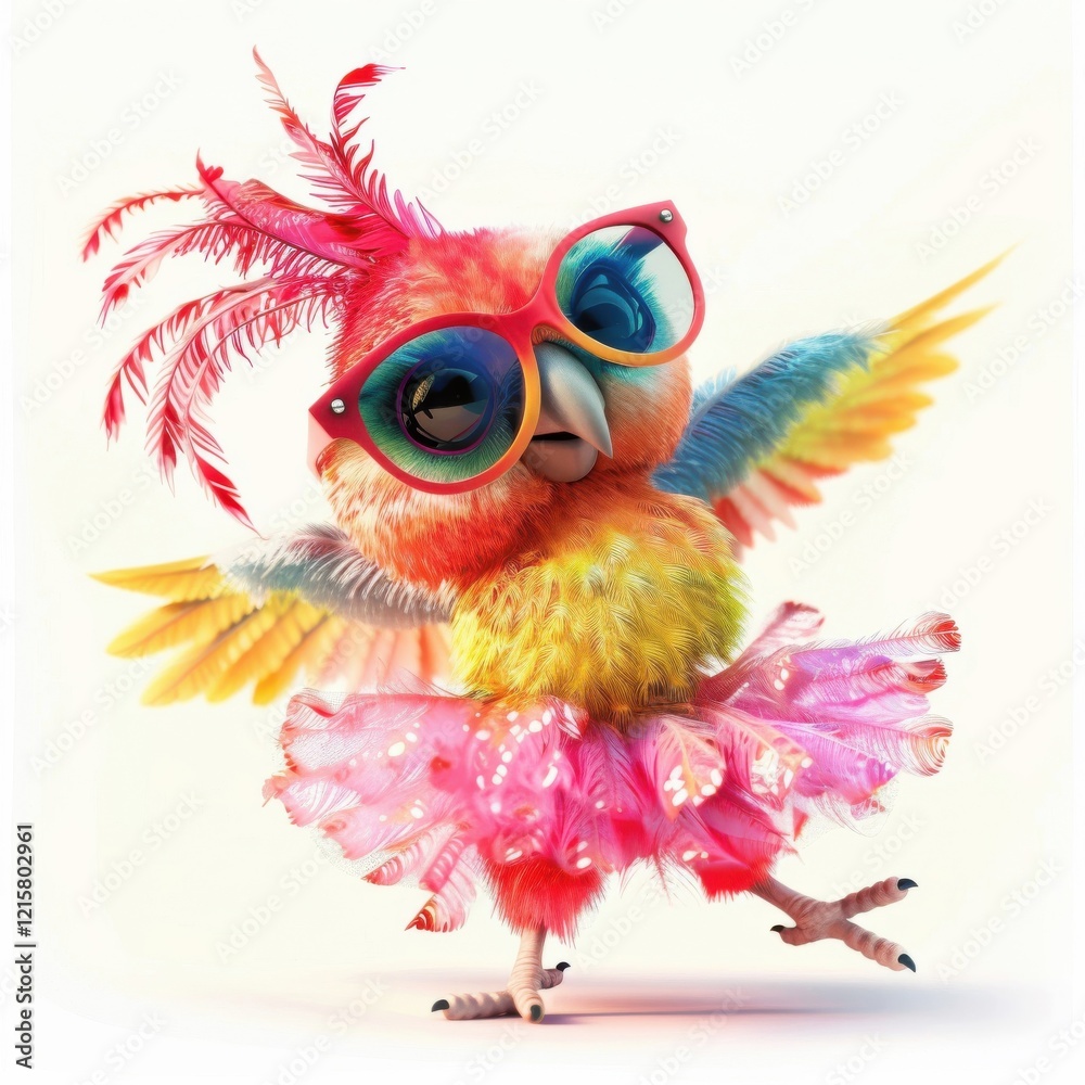 Fototapeta premium Cute parrot dancing in a pink tutu with sunglasses in a whimsical setting