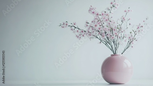 beautiful spring flowers in pink vase. blurred white background