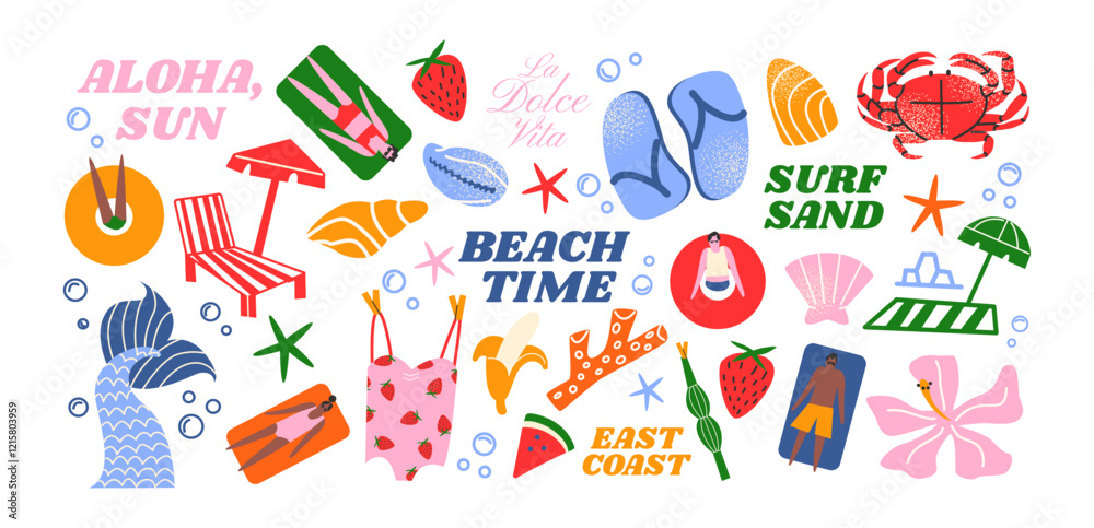 Cartoon summer stickers in retro 90s style. Summer party, vacation, beach season, shore, sun, swimwear. Bright groovy funky summer elements and shapes. Sticker pack of patches, labels, stamps, Cartoon summer stickers in retro 90s style. Summer party, vacation, beach season, shore, sun, swimwear. Bright groovy funky summer elements and shapes. Sticker pack of patches, labels, stamps,