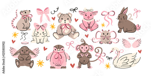 Cute cartoon pets with bows. Pink animal stickers for postcards: swan, hare, mouse, monkey. Cute characters in retro doodle coquette style