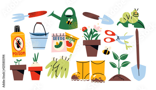 Set garden tools and farm equipment. Gardening and vegetable gardening, shovel, rubber boots, bucket, gloves. Everything for planting and harvesting in the garden. Cartoon stickers