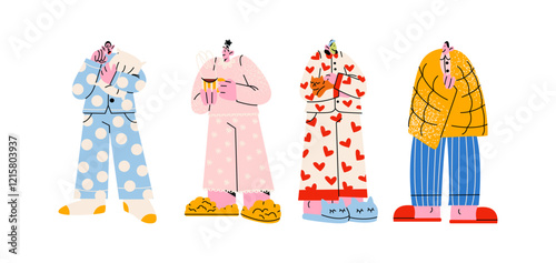 Characters in home pajamas and mask on face. Women and men comfortable cozy clothes, nightgowns, pillows. Cartoon mascots with blanket, pillow, home comfort. Vector hand drawn people