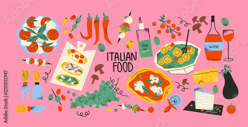 Italian food set, ingredients. Cartoon doodle stickers of traditional products: olive oil, tomatoes, mozzarella, pizza, cheese, pasta. Vector retro groovy food set