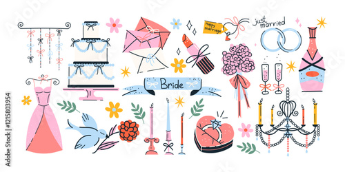 Cartoon wedding stickers. Marriage proposals, wedding decorations, engagement rings, romantic patches, gifts, bouquets and invitation cards. Set of trendy shapes in retro doodle style of the 90s