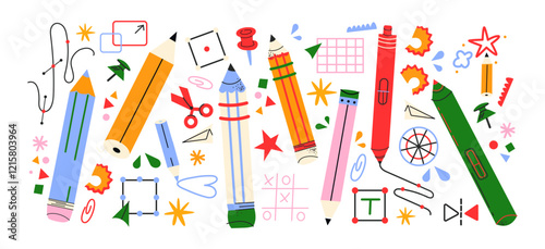 Cartoon back to school stickers in the 90s style. Stationery retro elements, pens, pencils, office, study. Groovy school supplies, lessons, university. Trendy bright vector set