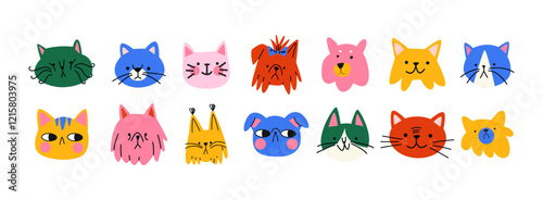 Cartoon retro animal pets heads. Dogs and cats in doodle groovy style. Set of icon avatars	