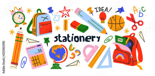 Cartoon back to school stickers in the 90s style. Stationery retro elements, office, study. Groovy characters students, school supplies, lessons, university. Trendy bright vector set