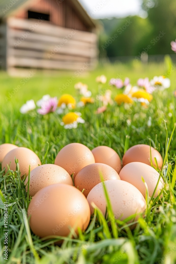 Fresh eggs scattered on green grass, surrounded by colorful flowers, with a rustic barn in the background under soft sunlight. Fresh eggs scattered on green grass, surrounded by colorful flowers, with a rustic barn in the background under soft sunlight.