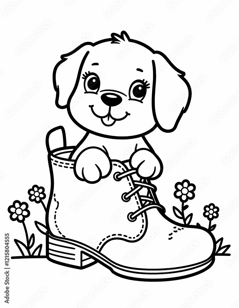 Puppy in a Shoe: A cheerful puppy sits in a big shoe with small flowers growing around it. coloring book, page for children Puppy in a Shoe: A cheerful puppy sits in a big shoe with small flowers growing around it. coloring book, page for children