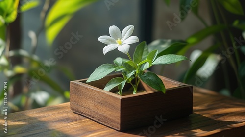 Close-up view of fresh single white flower blooming in nature in valentines day floral gift box congratulatory decorative frame