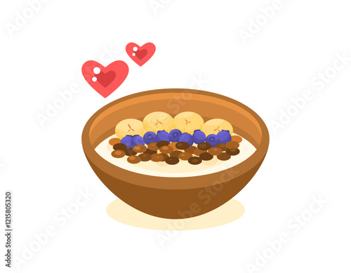 an illustration of a smoothie bowl. a bowl of smoothies with a mixture of banana slices, blueberries, and chocolate. banana smoothie. fresh and delicious. food and fruits. flat style design. elements