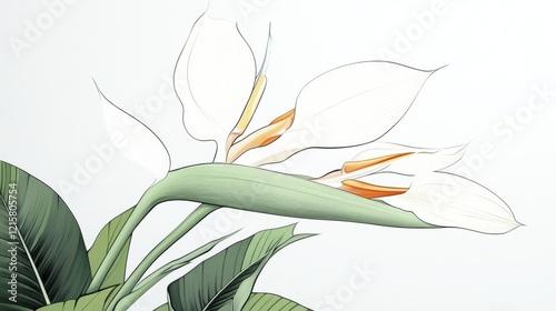 Elegant white bird of paradise flower with green leaves against a light background