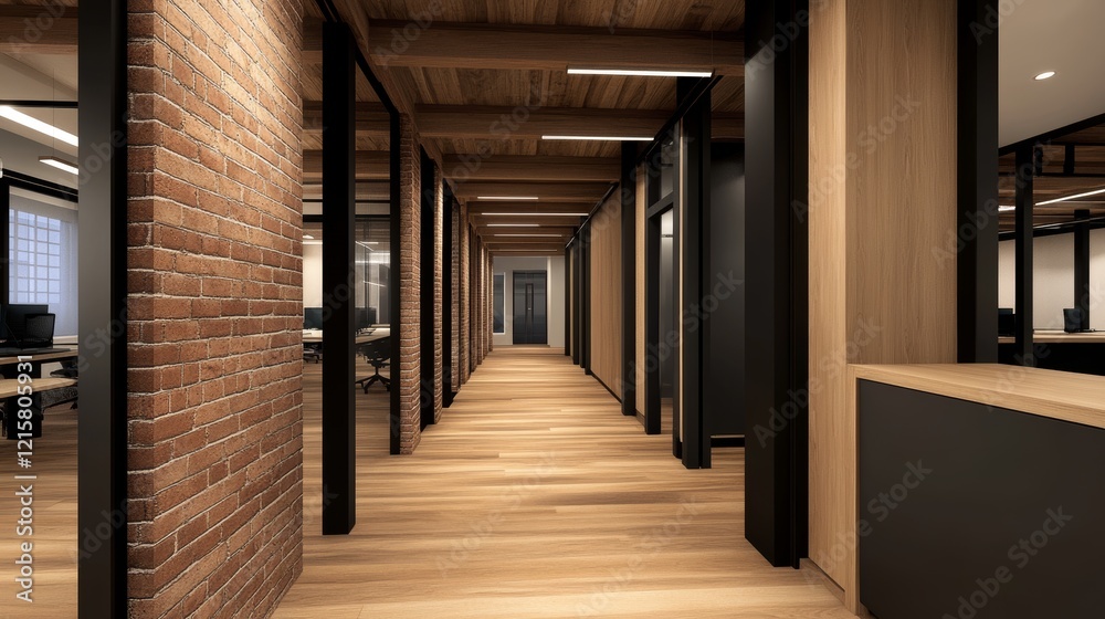 Modern office interior with wooden flooring and brick walls, featuring glass partitions and desks Modern office interior with wooden flooring and brick walls, featuring glass partitions and desks