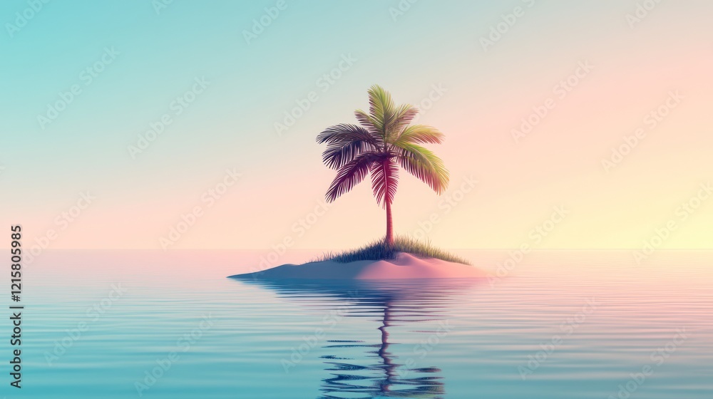 Fototapeta premium Solitary palm tree on a small island at sunset.