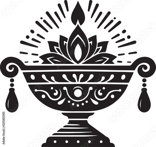 Diwali diya oil lamp silhouette vector art illustration. Diwali festival black glyph icon. Hindu festival of Lights. Traditional diya. Indian holiday. Clay oil lamp. Hindu celebration.