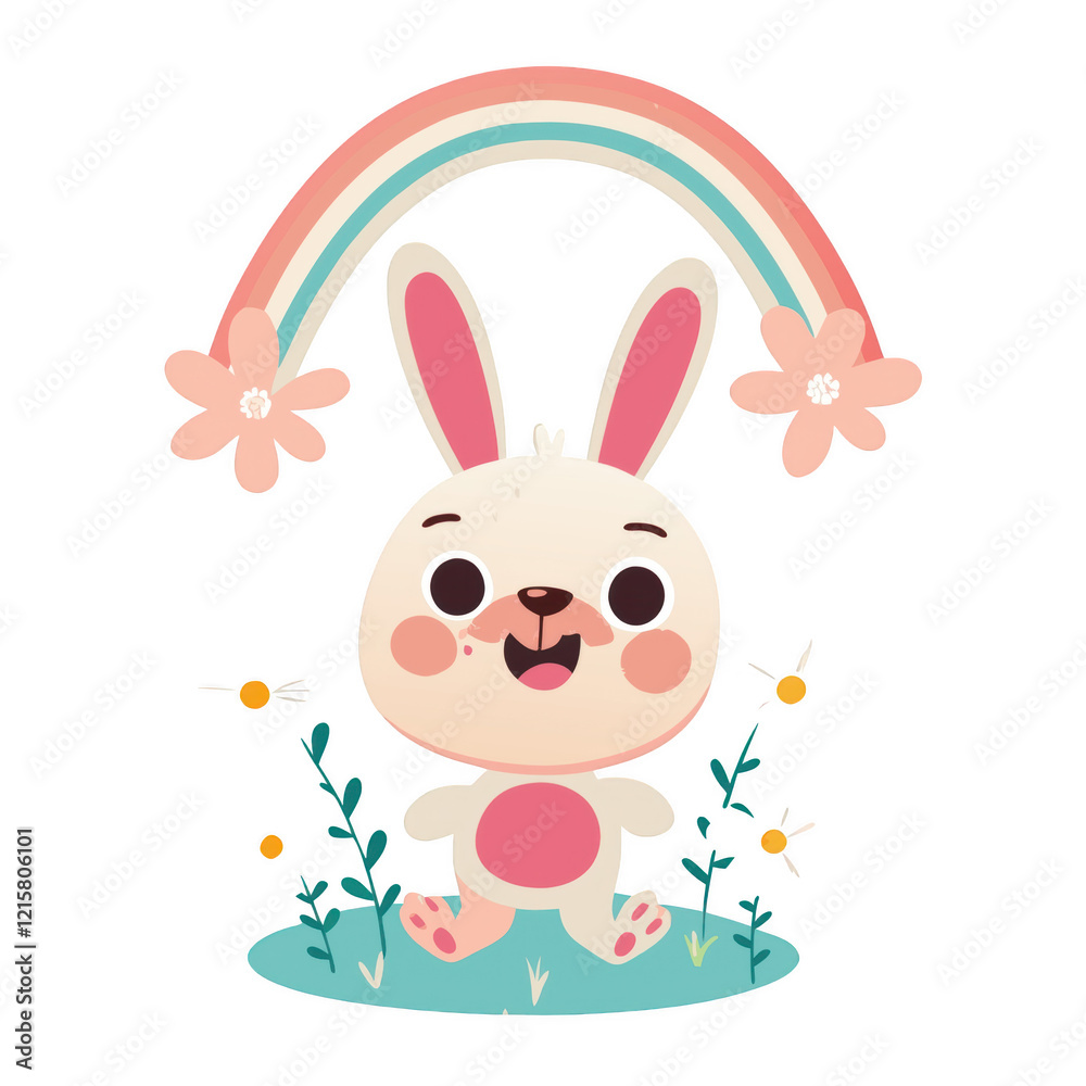 A cheerful cartoon rabbit stands under a colorful rainbow, surrounded by flowers and greenery. A cheerful cartoon rabbit stands under a colorful rainbow, surrounded by flowers and greenery.
