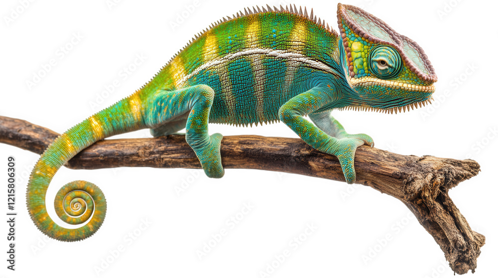 Fototapeta premium a vibrant chameleon perched on a branch. showcasing its colorful scales and unique features. illustrating the beauty of reptiles in nature