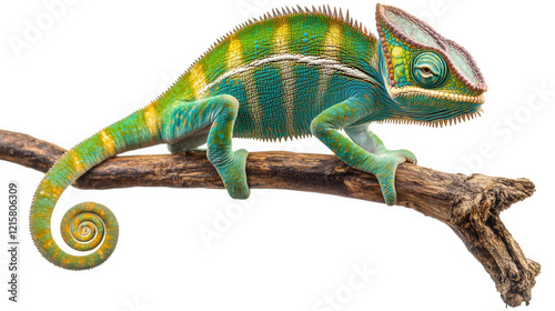 a vibrant chameleon perched on a branch. showcasing its colorful scales and unique features. illustrating the beauty of reptiles in nature