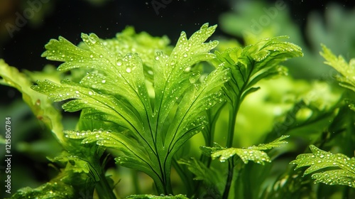 Macro green leaf foliage of rabbit's foot fern, Selaginella involved, Appalachian Feather fern, filmy fern plant. and soft water droplets photo