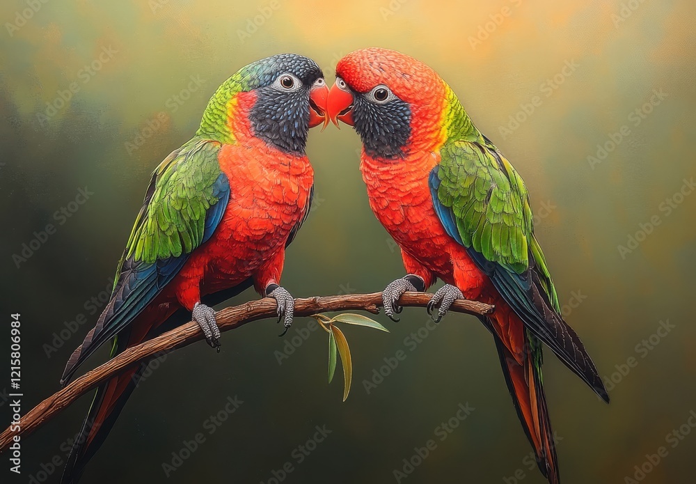 Obraz premium Two Colorful Parrots Engaged in Affectionate Behavior on a Branch Amidst a Natural Colorful Background