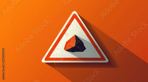 Warning sign with rock, orange background.