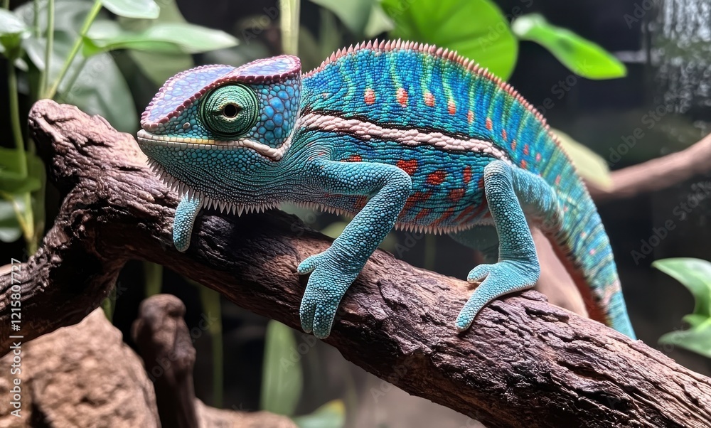 Fototapeta premium Vibrant Chameleon Perched on Branch Surrounded by Lush Greenery Showcases Its Colorful Scales and Unique Texture in a Captivating Natural Setting
