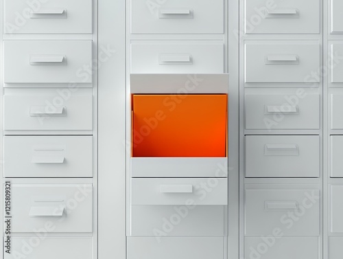 Orange file in open white filing cabinet drawer.
