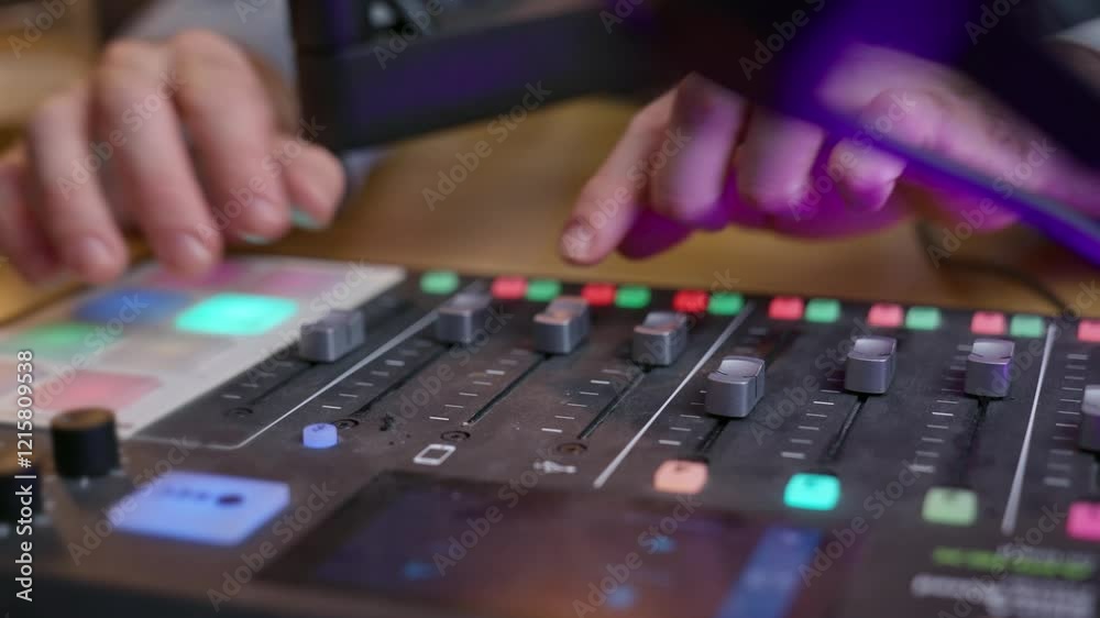 podcaster's hands adjusting knobs, sliders, and buttons on professional audio console. Modern studio setting. Precision and control in active broadcasting environment. podcast or radio station. Live podcaster's hands adjusting knobs, sliders, and buttons on professional audio console. Modern studio setting. Precision and control in active broadcasting environment. podcast or radio station. Live