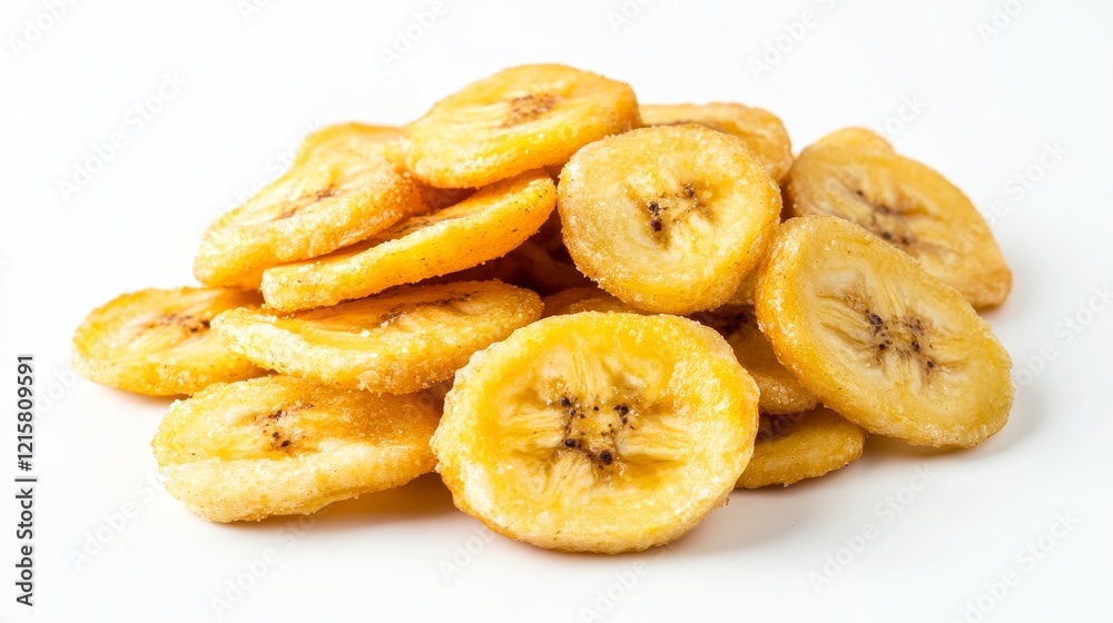 studio product photograph of banana chips on a white background with professional lighting